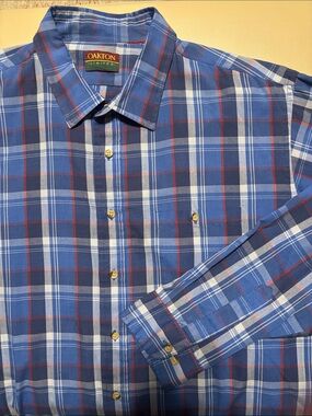 Oakton Men’s Blue Plaid Long-Sleeve Button-Down Shirt
